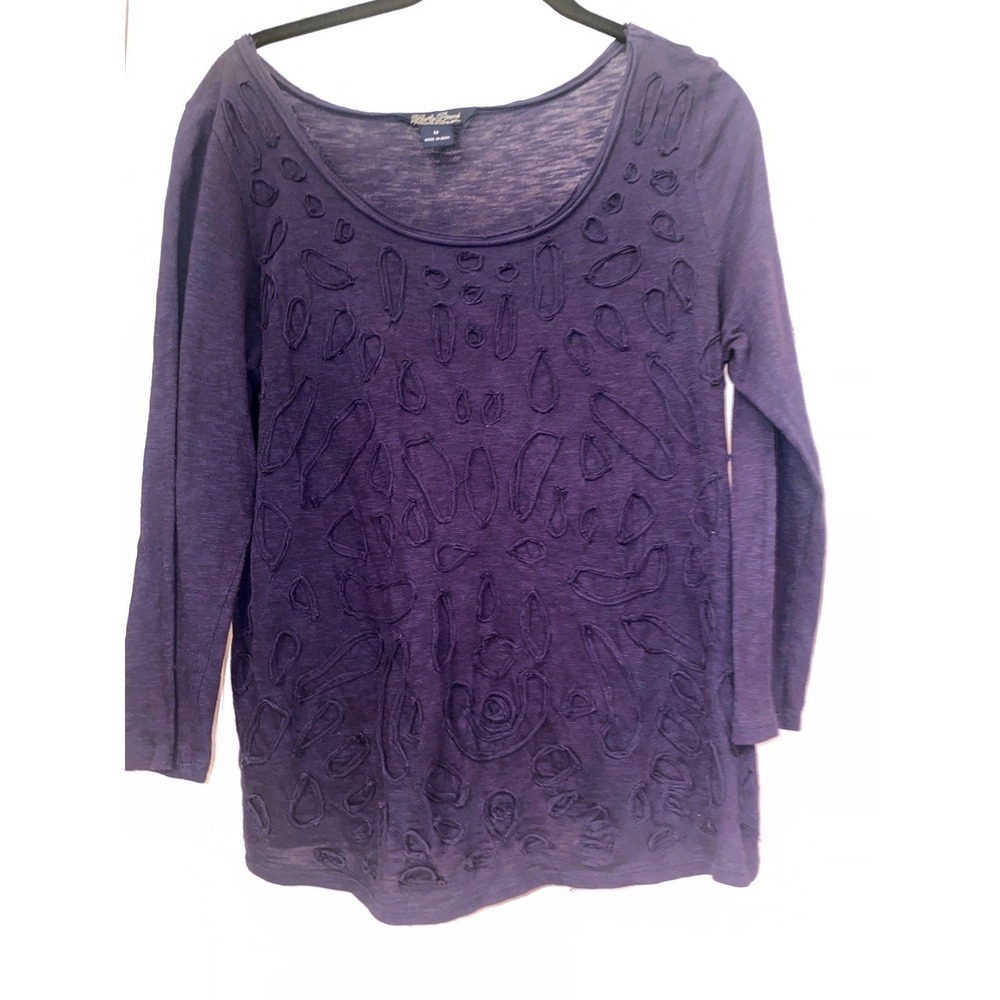 Lucky Brand Womens Navy Blue Cotton Textured Applique L/S Scoop‎ Neck Top M